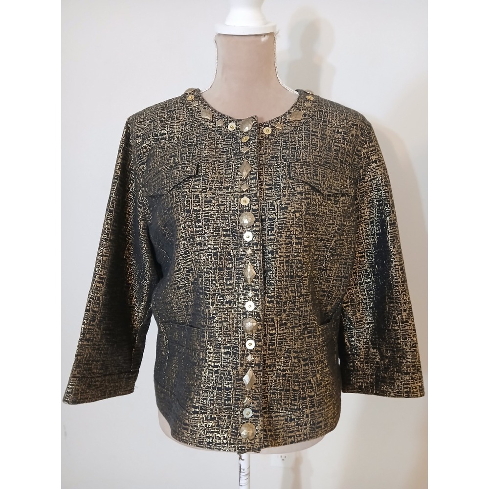 Ruby Rd Womens Size 16 Black Gold Metallic Beaded Evening Jacket 3/4 Sleeve